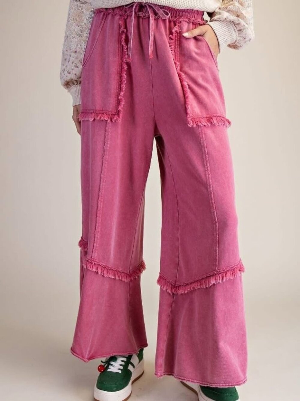 Easel Reverse Terry Frayed Trim Wide Leg Pants - Berry Pink - Size Medium
